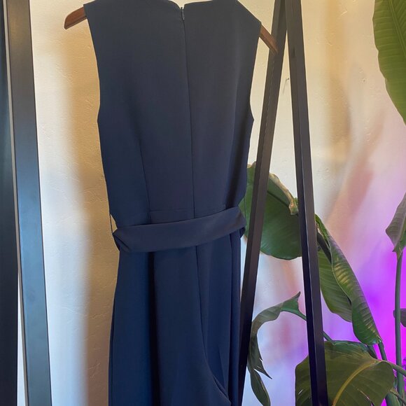 Navy Blue Crop-length Belted Wide Leg Jumpsuit - Picture 4 of 8